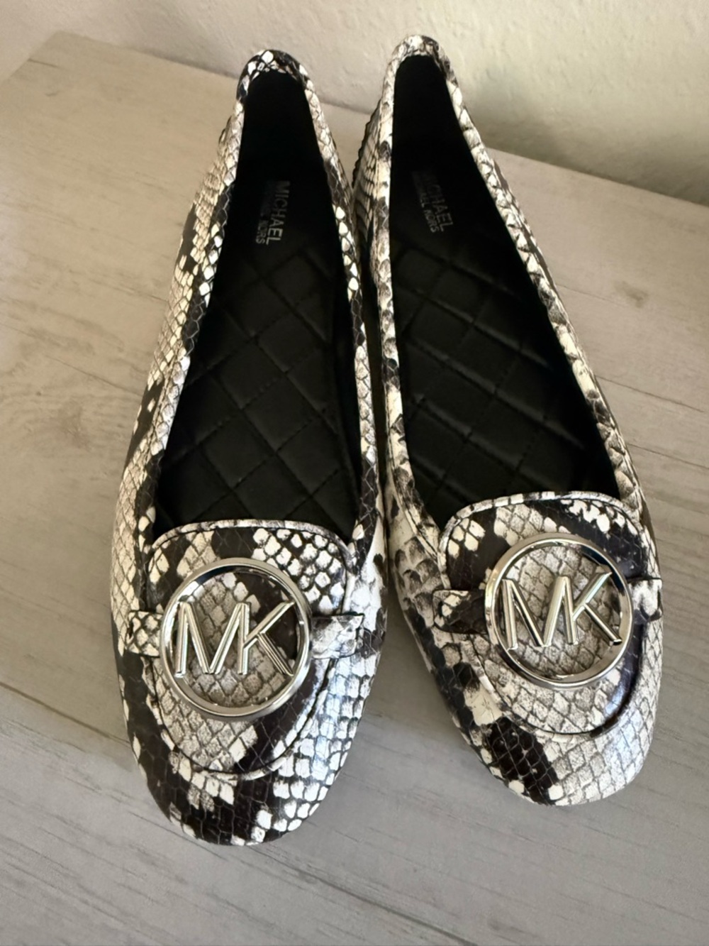Michael Kors Snake-Print MK Logo Ballet Flats in Black and White